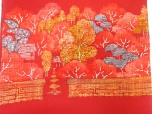 アンティーク　作家物　塩瀬手描き屋敷風景模様名古屋帯